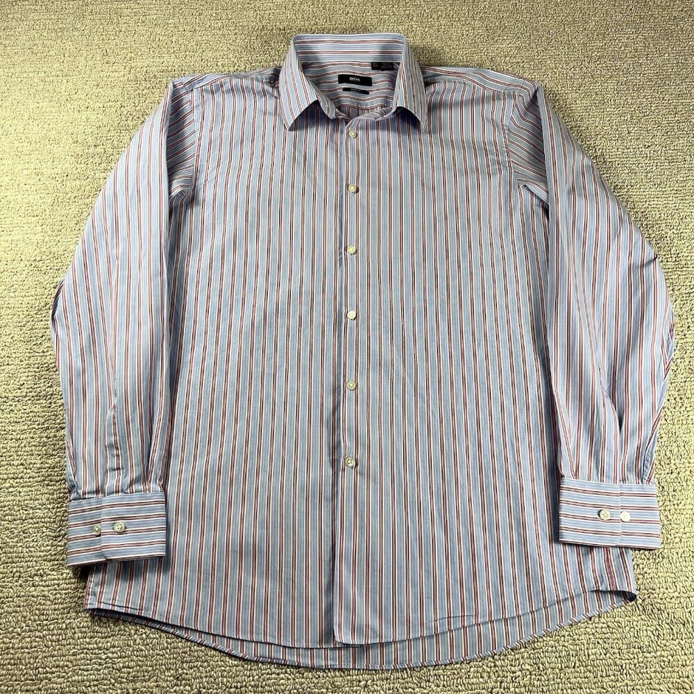 Hugo Boss Sharp Fit Button Down Shirt Blue Red White Men’s Size 17.5 / XL